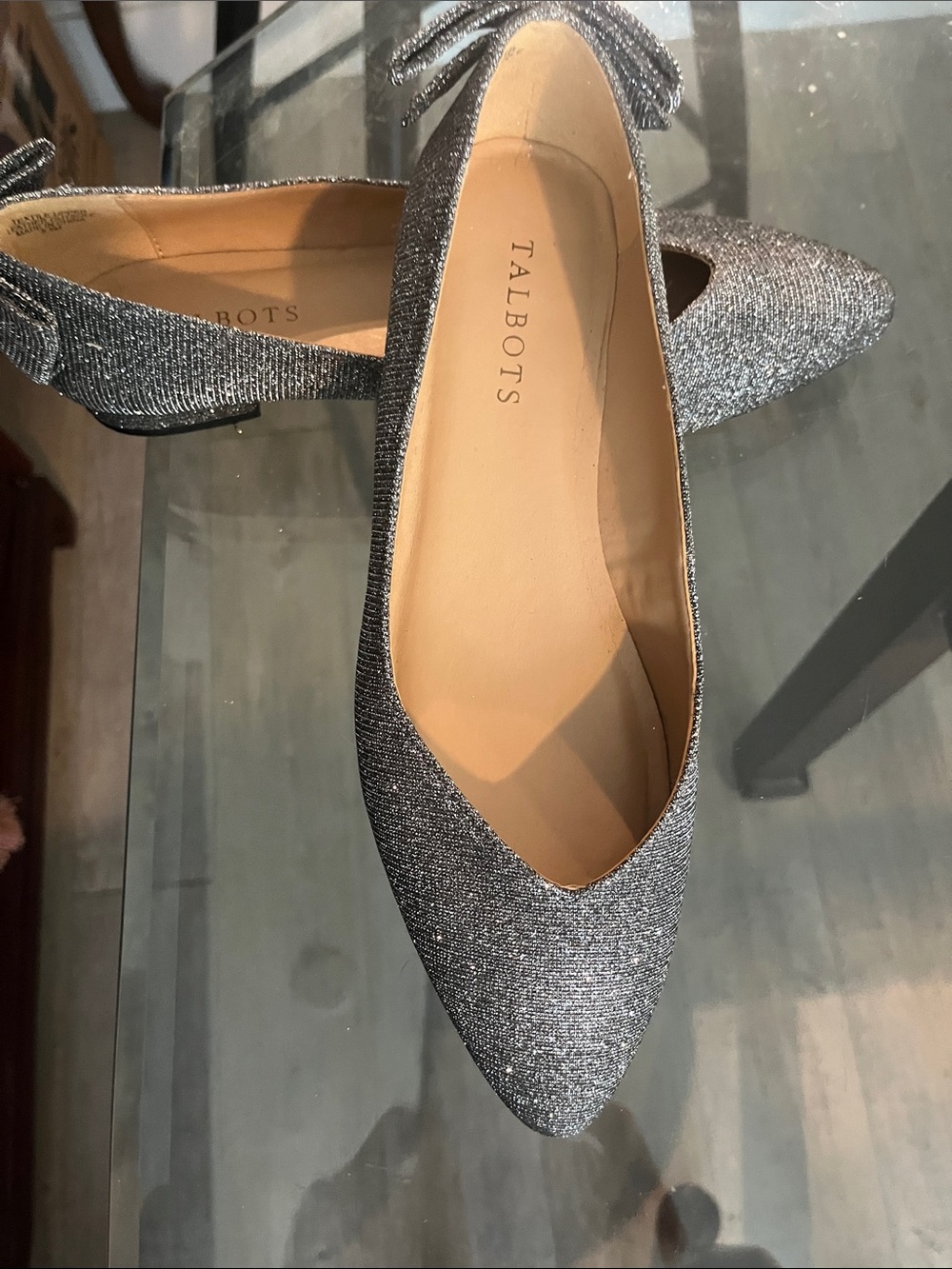 Talbots Metallic Gray Pointed-Toe Bow Ballet Flats